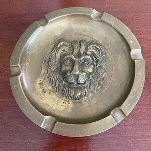 Fabulous Antique Brass Lion Face Ashtray Heavy Detailed Trinket Dish